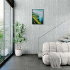 Lavaux Shoreline - Poster displayed in a modern interior with a cozy couch and a potted plant.
