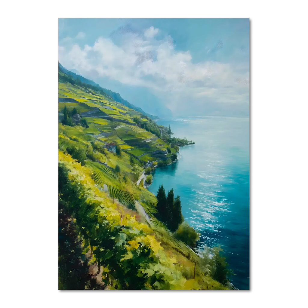 Lavaux Shoreline - Poster showcasing vineyard terraces by a calm lake in Switzerland with soft clouds and bright colors.