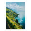 Lavaux Shoreline - Poster showcasing vineyard terraces by a calm lake in Switzerland with soft clouds and bright colors.