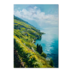 Lavaux Shoreline - Poster showcasing vineyard terraces by a calm lake in Switzerland with soft clouds and bright colors.