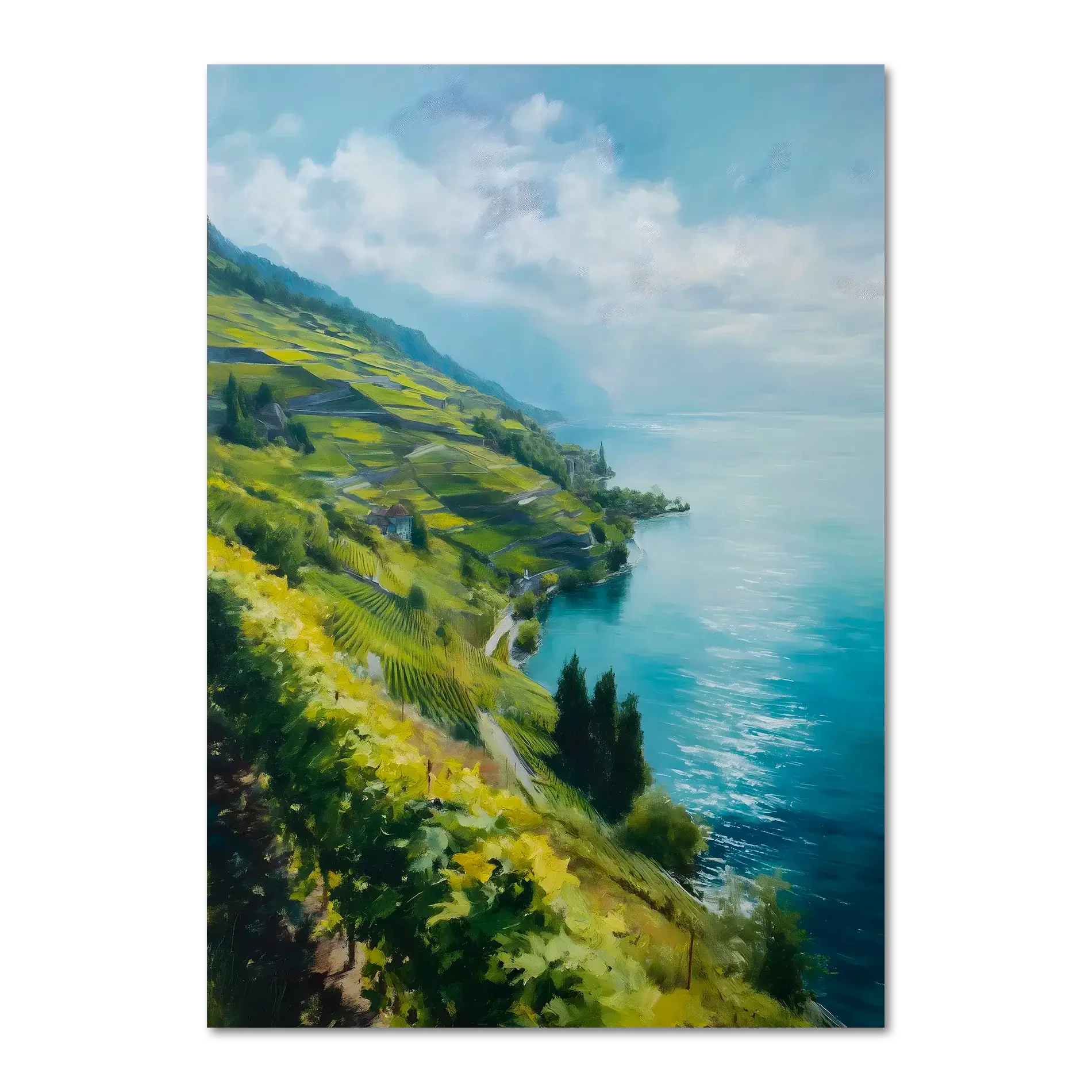 Lavaux Shoreline - Poster showcasing vineyard terraces by a calm lake in Switzerland with soft clouds and bright colors.