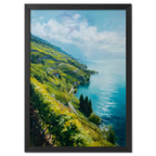 Lavaux Shoreline - Poster featuring vineyard terraces by a serene blue lake in Switzerland under a soft sky.