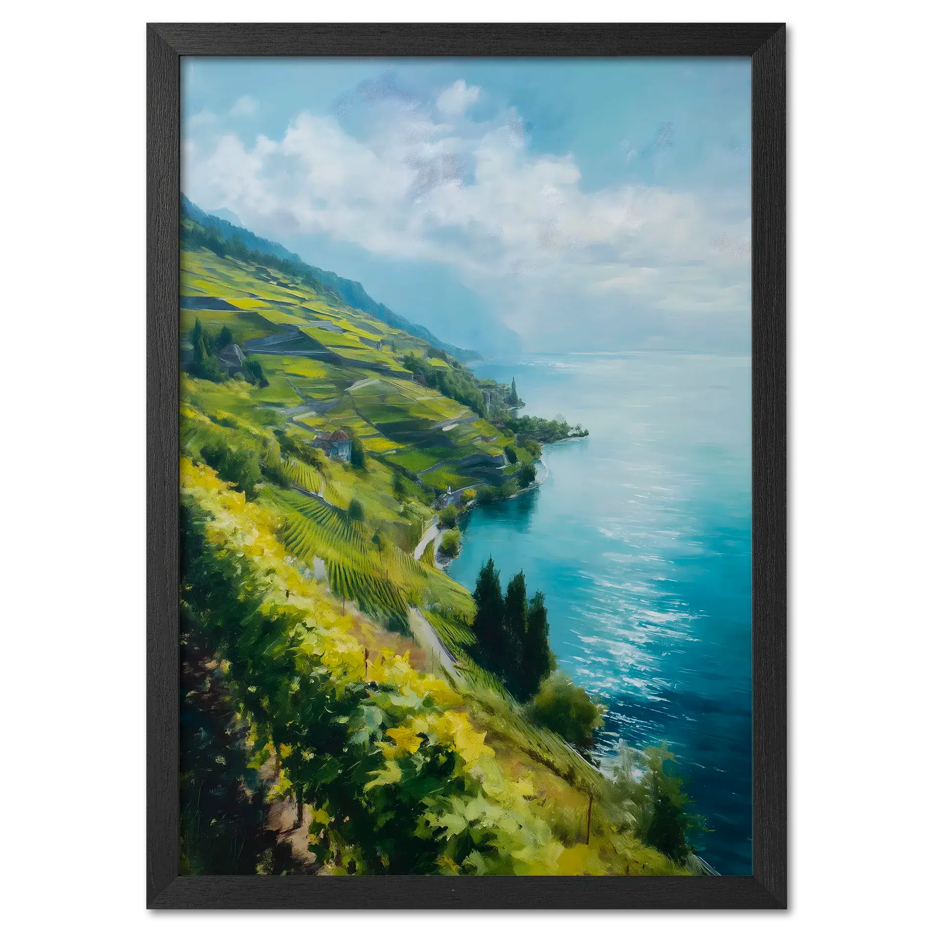 Lavaux Shoreline - Poster featuring vineyard terraces by a serene blue lake in Switzerland under a soft sky.