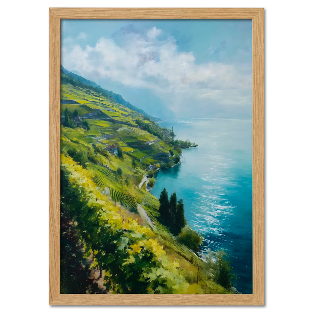 Lavaux Shoreline - Poster featuring sunlit vineyard terraces by a calm blue lake in Switzerland.
