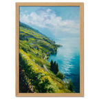Lavaux Shoreline - Poster featuring sunlit vineyard terraces by a calm blue lake in Switzerland.