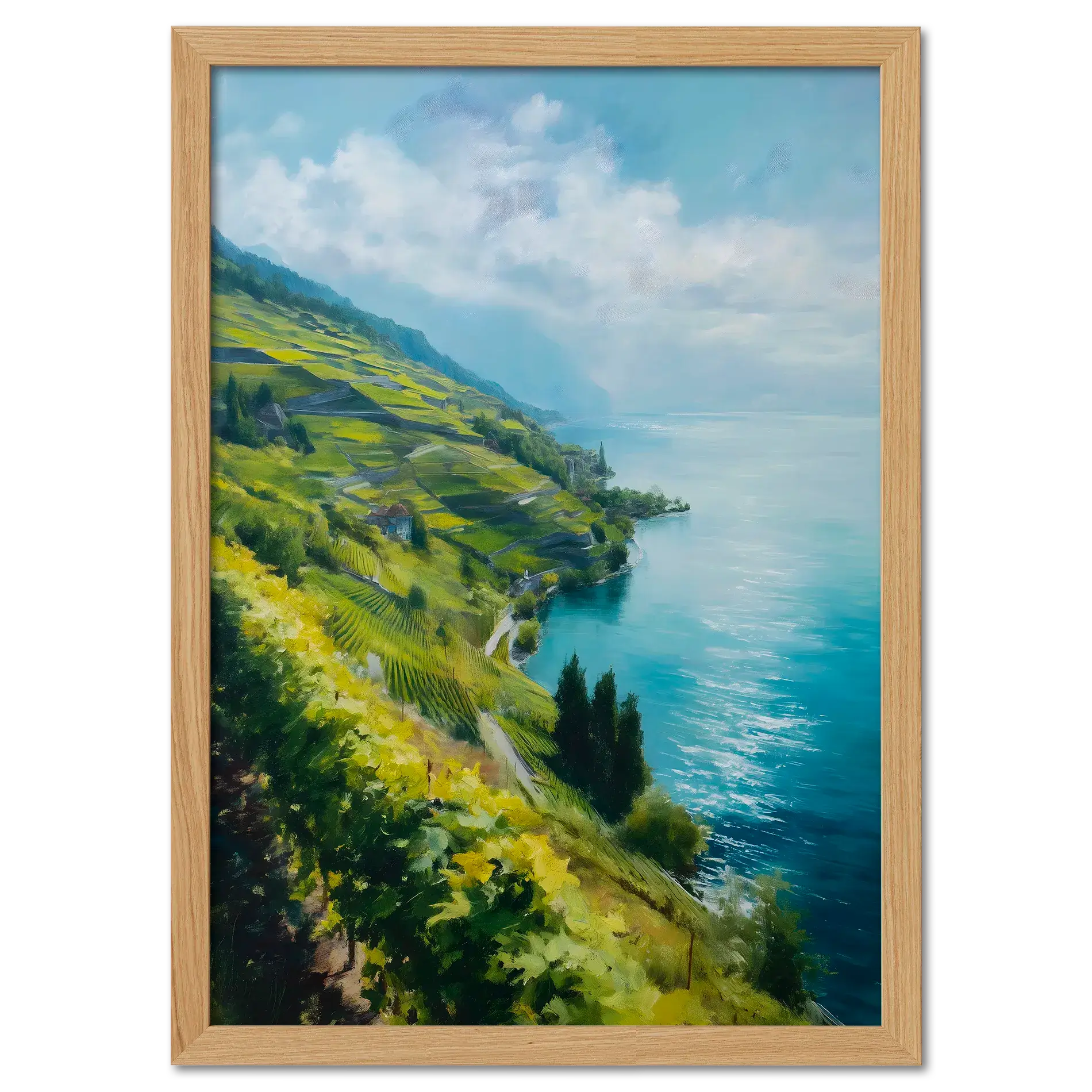 Lavaux Shoreline - Poster featuring sunlit vineyard terraces by a calm blue lake in Switzerland.