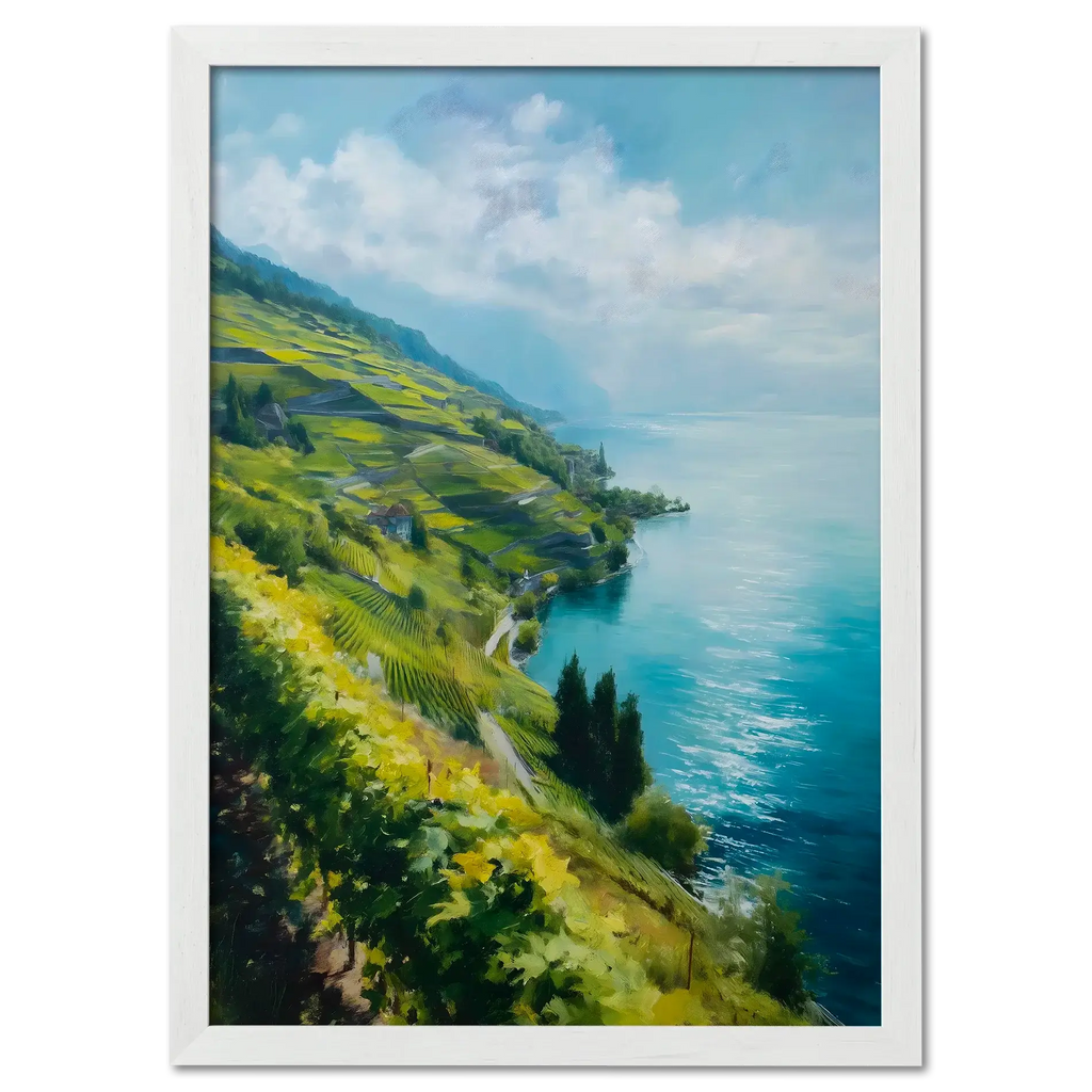 Lavaux Shoreline - Poster featuring sunlit vineyard terraces and a calm blue lake in Switzerland.