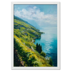 Lavaux Shoreline - Poster featuring sunlit vineyard terraces and a calm blue lake in Switzerland.