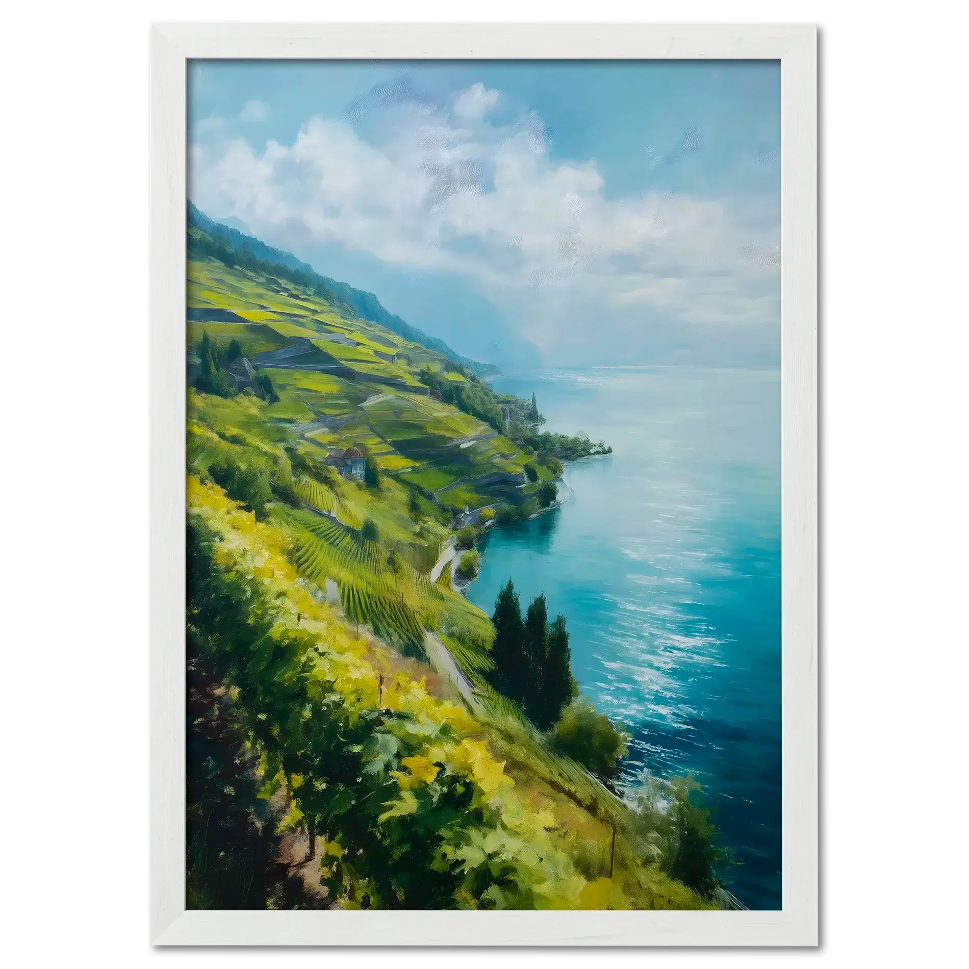 Lavaux Shoreline - Poster featuring sunlit vineyard terraces and a calm blue lake in Switzerland.