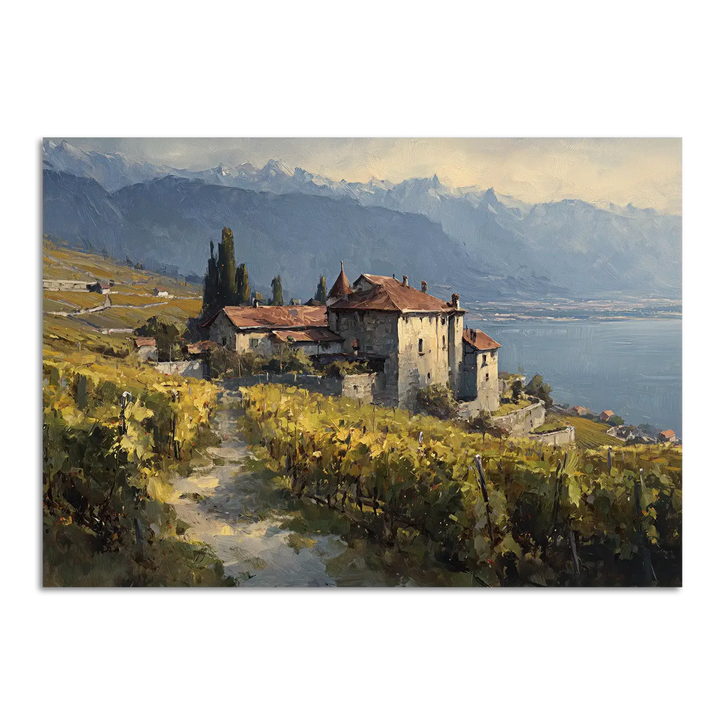 Lavaux Vineyard Estate – Poster, showcasing vineyards and a historic estate by Lake Geneva in warm light.