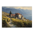 Lavaux Vineyard Estate – Poster, showcasing vineyards and a historic estate by Lake Geneva in warm light.