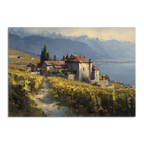 Lavaux Vineyard Estate – Poster, showcasing vineyards and a historic estate by Lake Geneva in warm light.