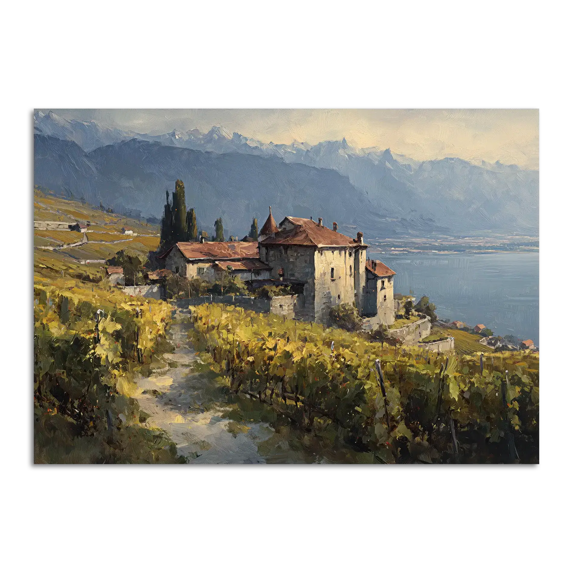 Lavaux Vineyard Estate – Poster, showcasing vineyards and a historic estate by Lake Geneva in warm light.