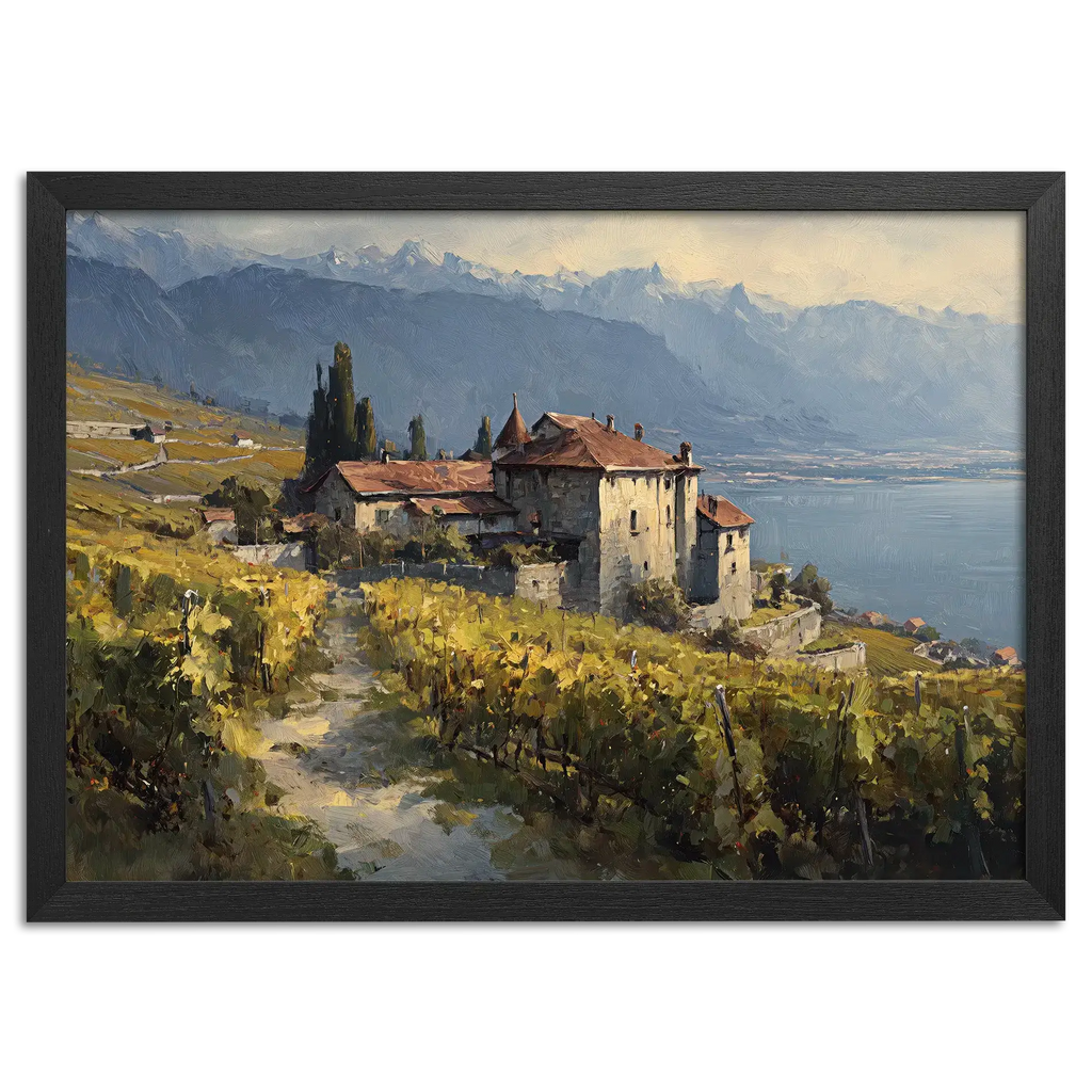Lavaux Vineyard Estate – Poster depicting vineyards and a historic estate by Lake Geneva.