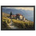 Lavaux Vineyard Estate – Poster depicting vineyards and a historic estate by Lake Geneva.