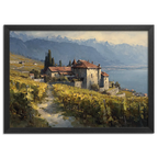 Lavaux Vineyard Estate – Poster depicting vineyards and a historic estate by Lake Geneva.