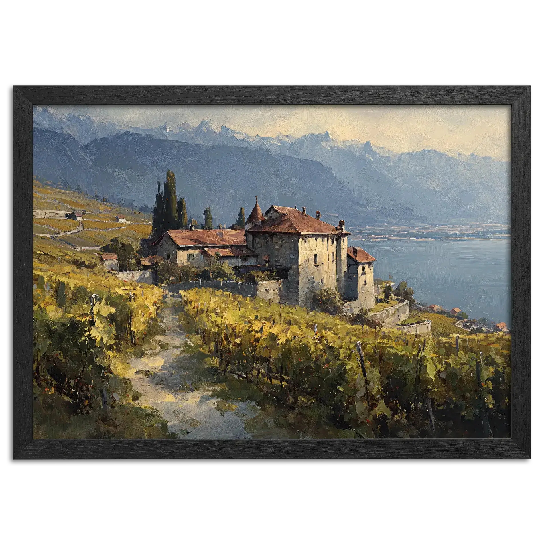 Lavaux Vineyard Estate – Poster depicting vineyards and a historic estate by Lake Geneva.