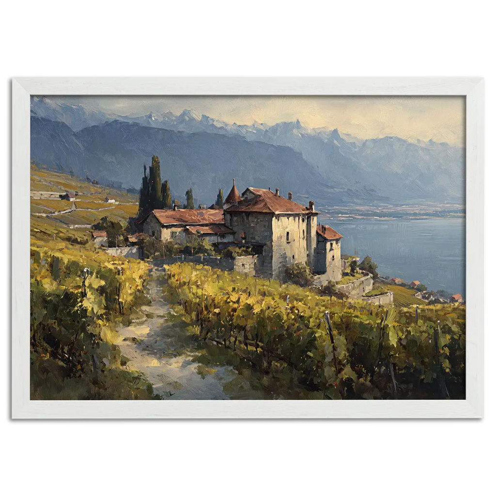Lavaux Vineyard Estate – Poster depicting vineyards and historic estate above Lake Geneva.
