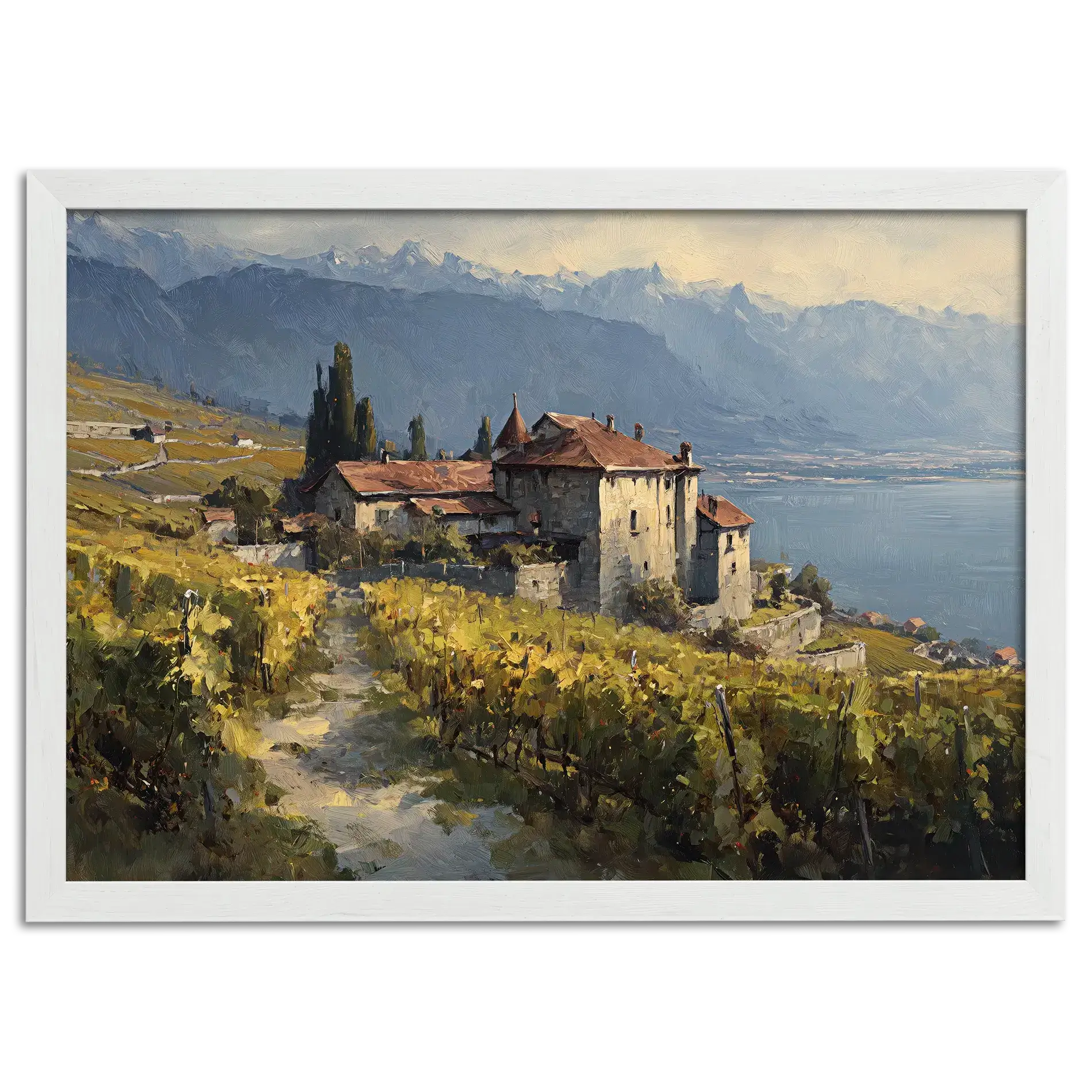 Lavaux Vineyard Estate – Poster depicting vineyards and historic estate above Lake Geneva.