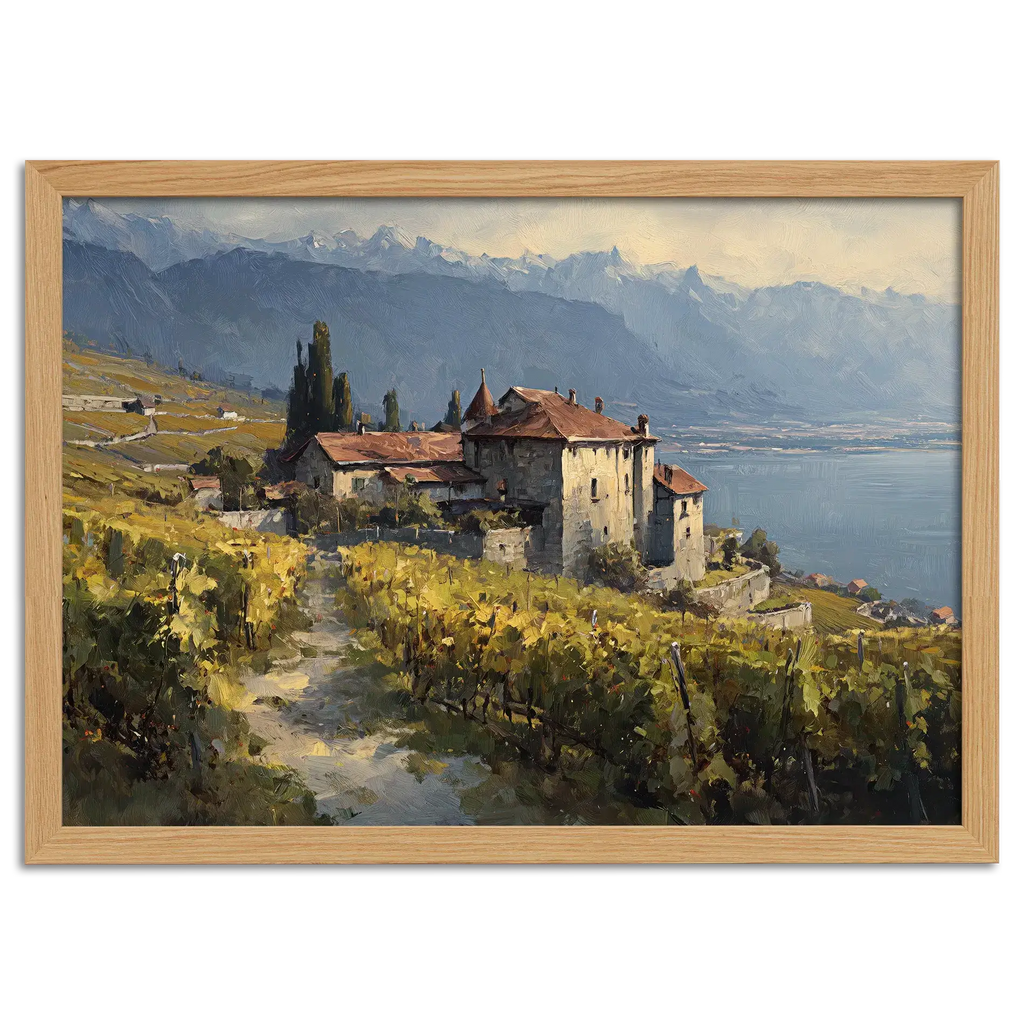 Lavaux Vineyard Estate – Poster depicting a serene vineyard landscape above Lake Geneva.