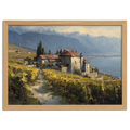 Lavaux Vineyard Estate – Poster depicting a serene vineyard landscape above Lake Geneva.