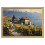 Lavaux Vineyard Estate – Poster depicting a serene vineyard landscape above Lake Geneva.