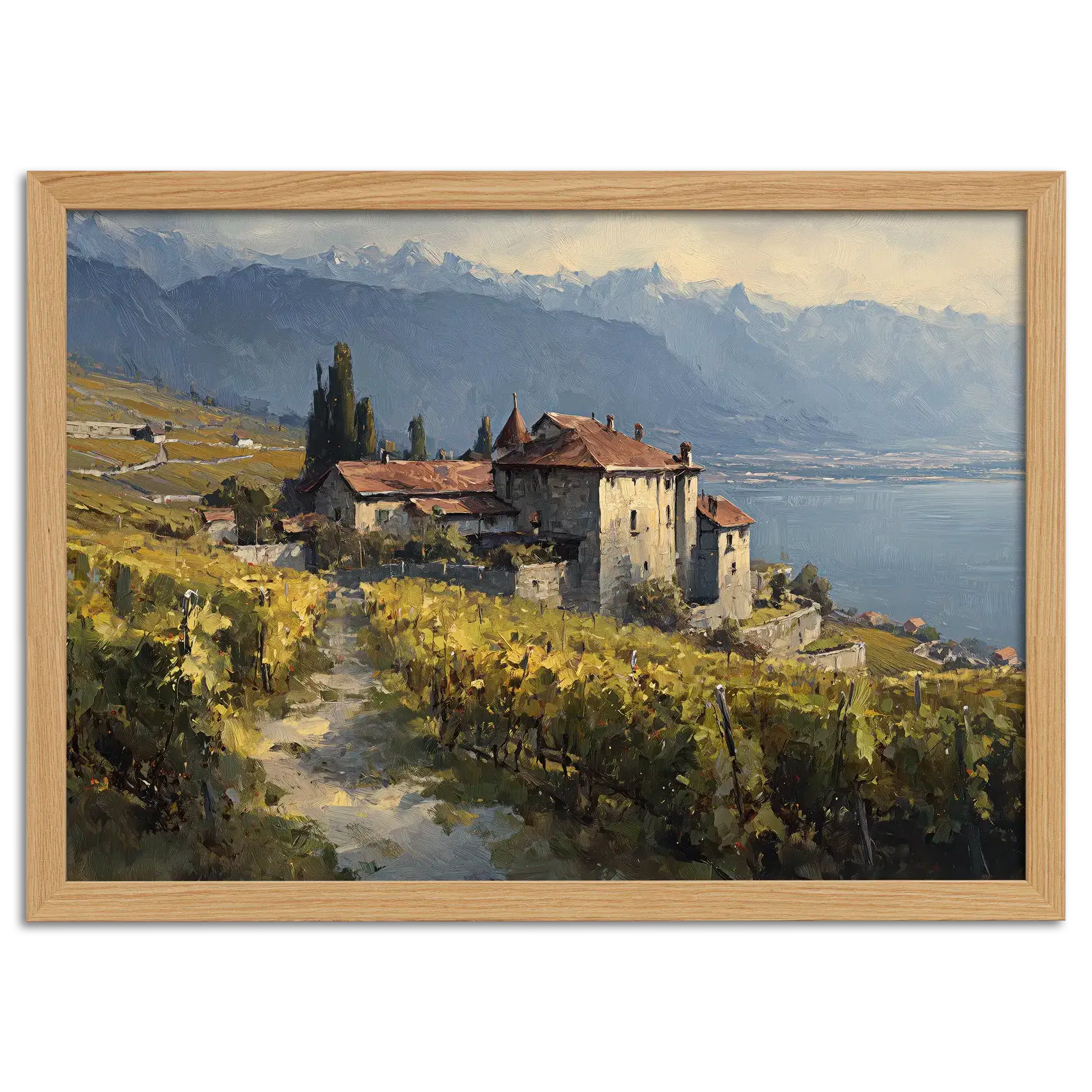 Lavaux Vineyard Estate – Poster depicting a serene vineyard landscape above Lake Geneva.
