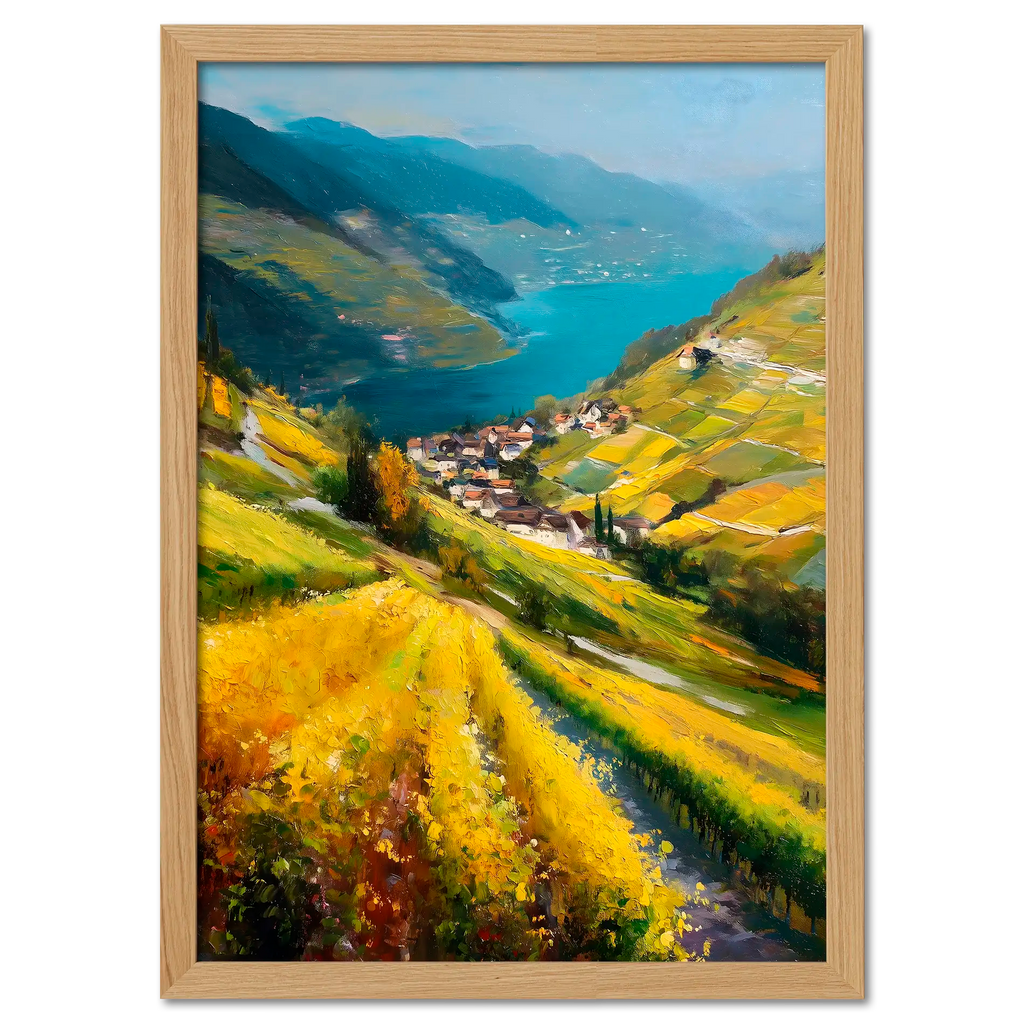 Lavaux Descent - Poster featuring vibrant yellow vineyards and a serene lake landscape.