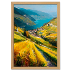 Lavaux Descent - Poster featuring vibrant yellow vineyards and a serene lake landscape.