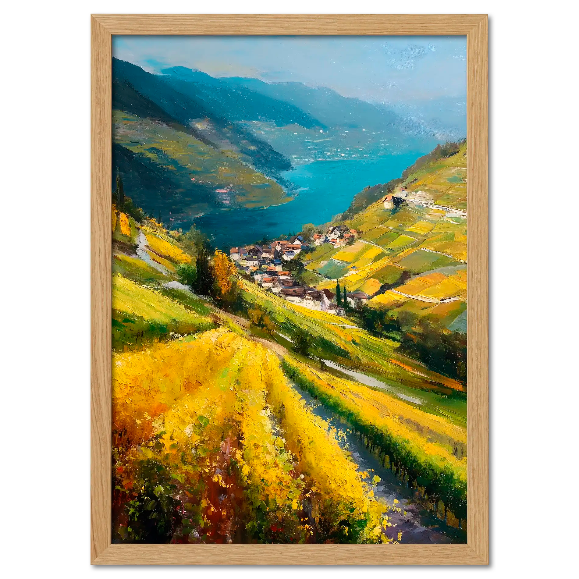 Lavaux Descent - Poster featuring vibrant yellow vineyards and a serene lake landscape.