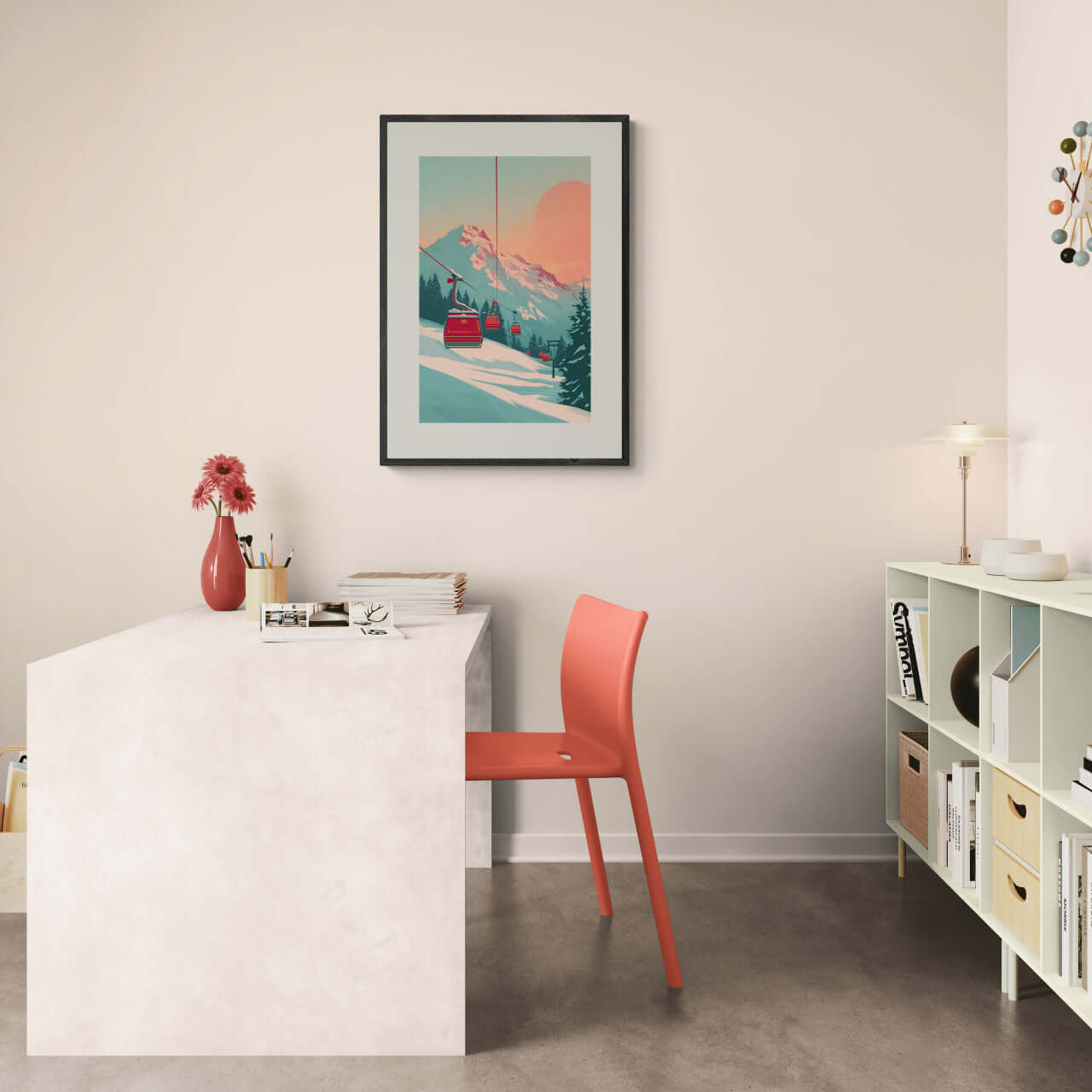 Lift at Dawn - Poster displayed in a modern office setting, showcasing a serene alpine ski lift at sunrise.