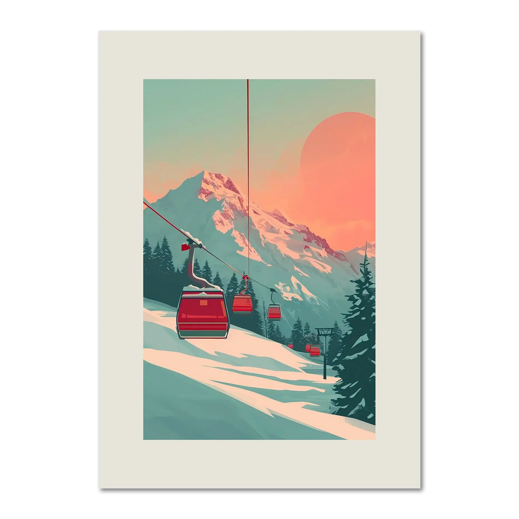 Lift at Dawn - Poster depicting an alpine ski lift moving through snow at sunrise with pastel sky tones.