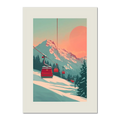 Lift at Dawn - Poster depicting an alpine ski lift moving through snow at sunrise with pastel sky tones.