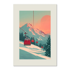 Lift at Dawn - Poster depicting an alpine ski lift moving through snow at sunrise with pastel sky tones.