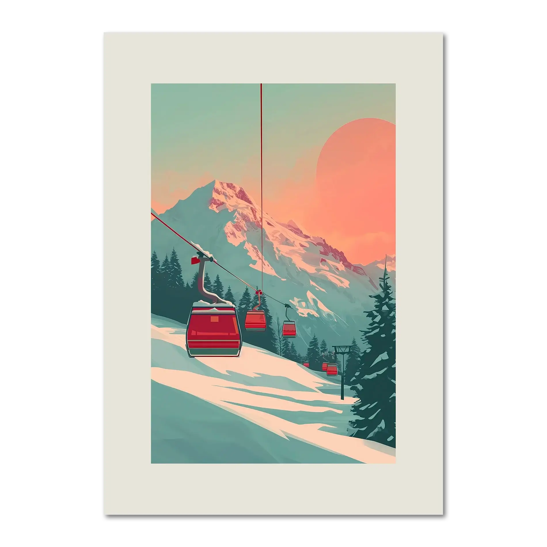 Lift at Dawn - Poster depicting an alpine ski lift moving through snow at sunrise with pastel sky tones.