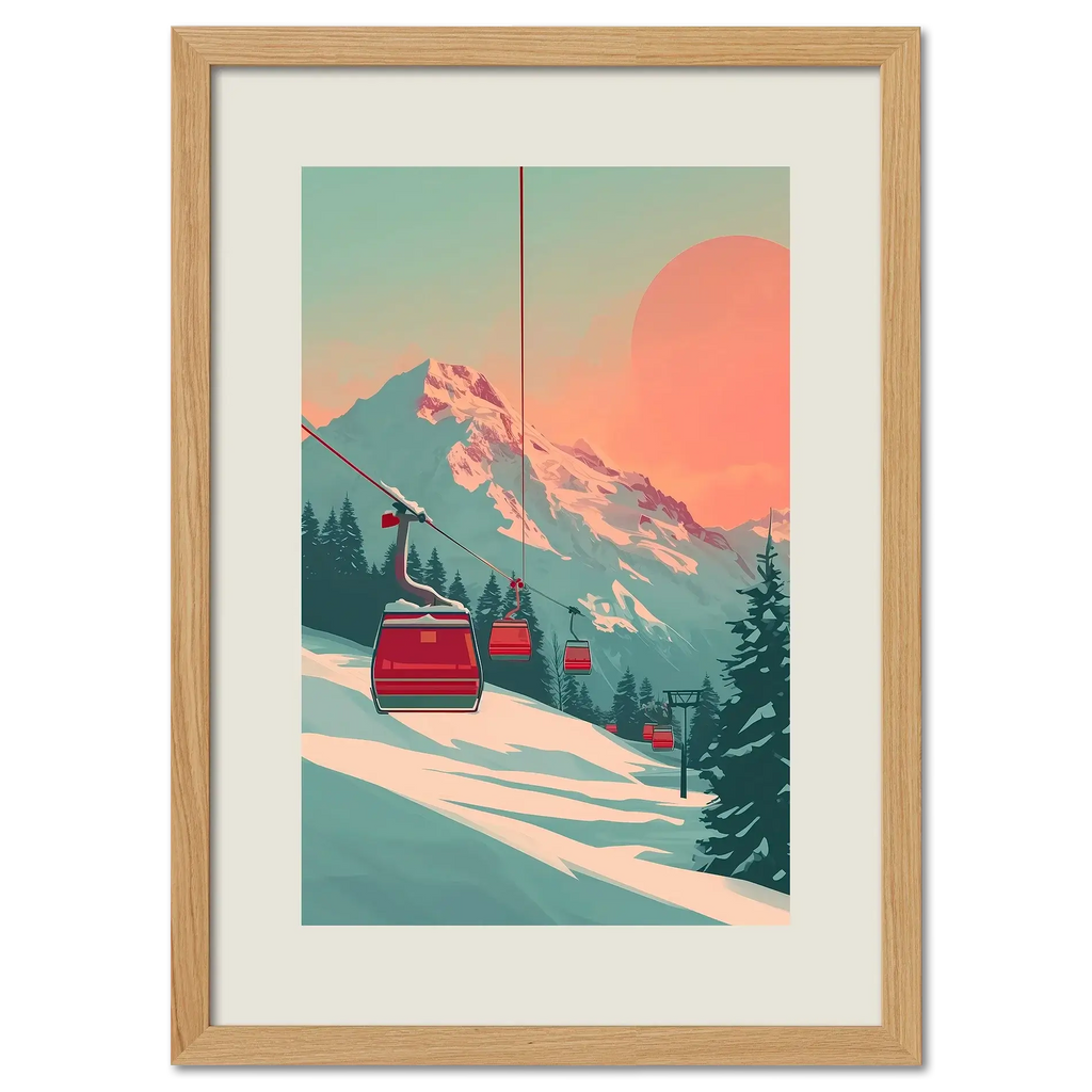 Lift at Dawn - Poster featuring a serene ski lift at sunrise with pastel colors and snowy mountains.