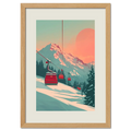 Lift at Dawn - Poster featuring a serene ski lift at sunrise with pastel colors and snowy mountains.