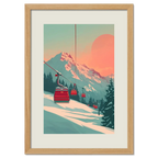 Lift at Dawn - Poster featuring a serene ski lift at sunrise with pastel colors and snowy mountains.