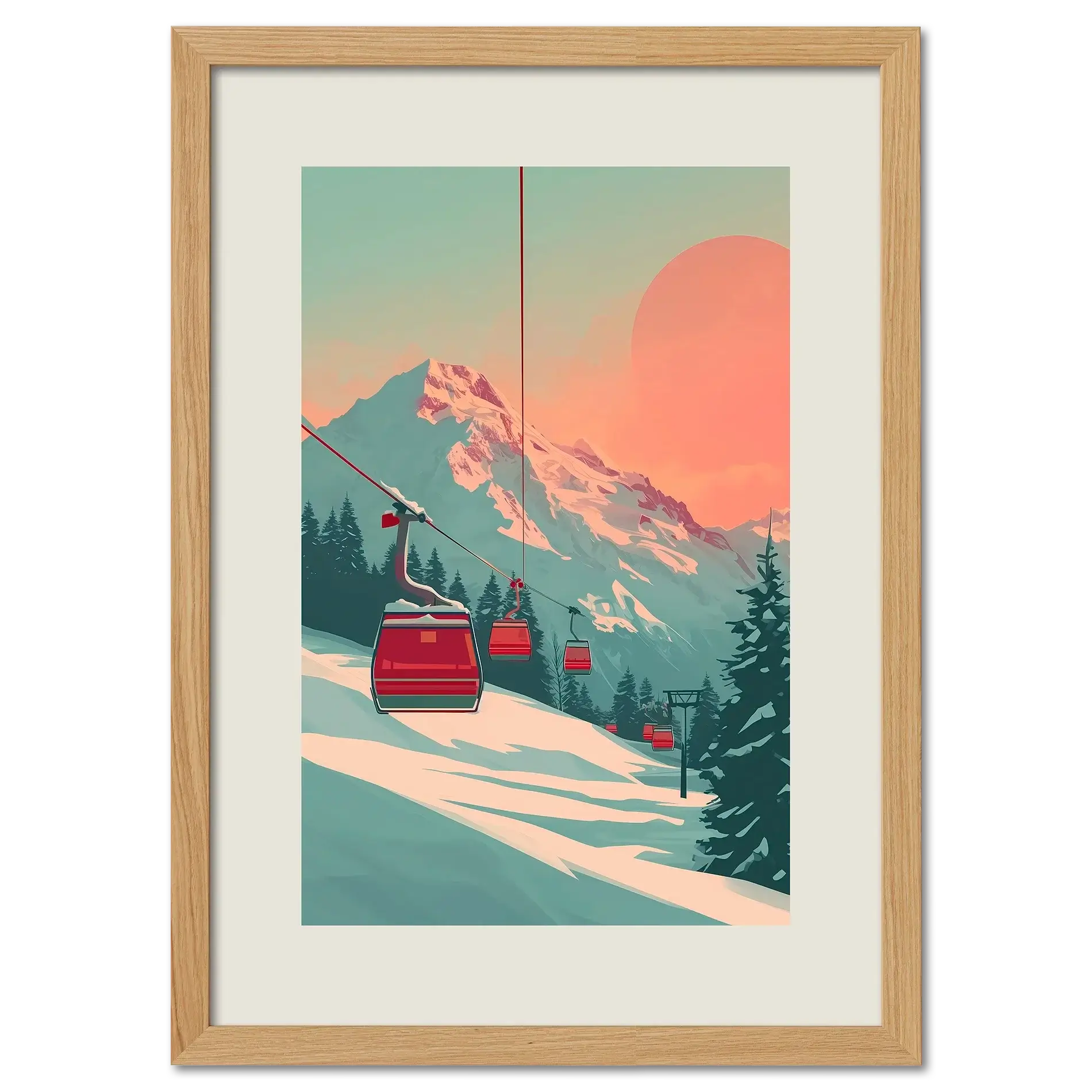 Lift at Dawn - Poster featuring a serene ski lift at sunrise with pastel colors and snowy mountains.
