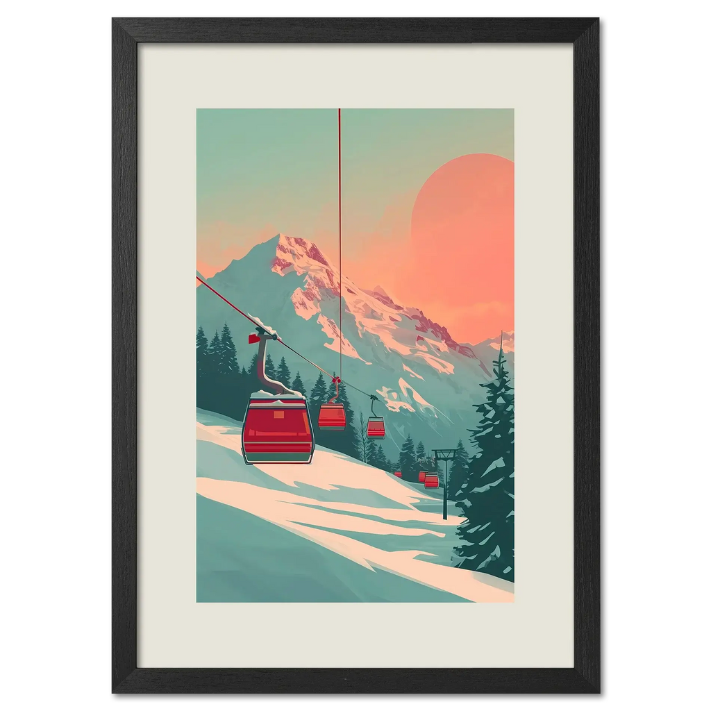 Lift at Dawn - Poster featuring a serene ski lift at sunrise amid pastel-colored snow-covered mountains.