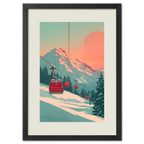 Lift at Dawn - Poster featuring a serene ski lift at sunrise amid pastel-colored snow-covered mountains.
