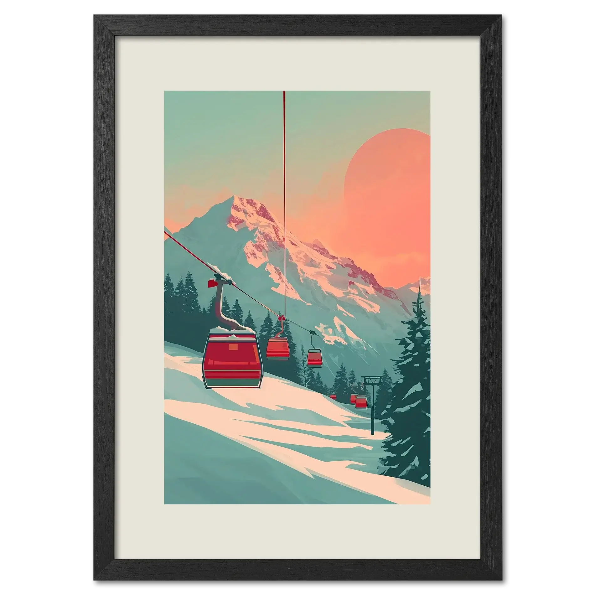 Lift at Dawn - Poster featuring a serene ski lift at sunrise amid pastel-colored snow-covered mountains.