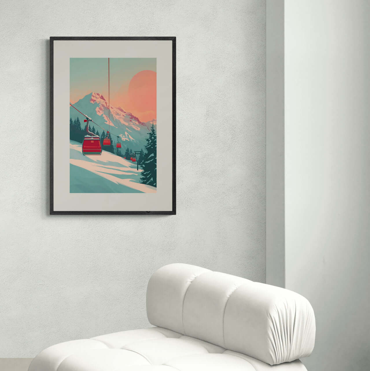Lift at Dawn - Poster featuring a ski lift on snowy slopes, showcasing modern wall art on alu-dibond in large format.