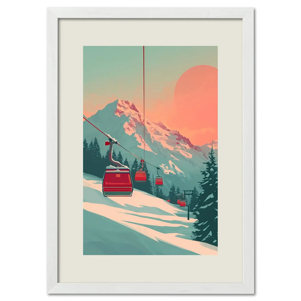 Lift at Dawn - Poster featuring a serene alpine ski lift at sunrise with pastel tones and snowy mountains.