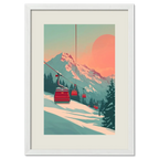 Lift at Dawn - Poster featuring a serene alpine ski lift at sunrise with pastel tones and snowy mountains.