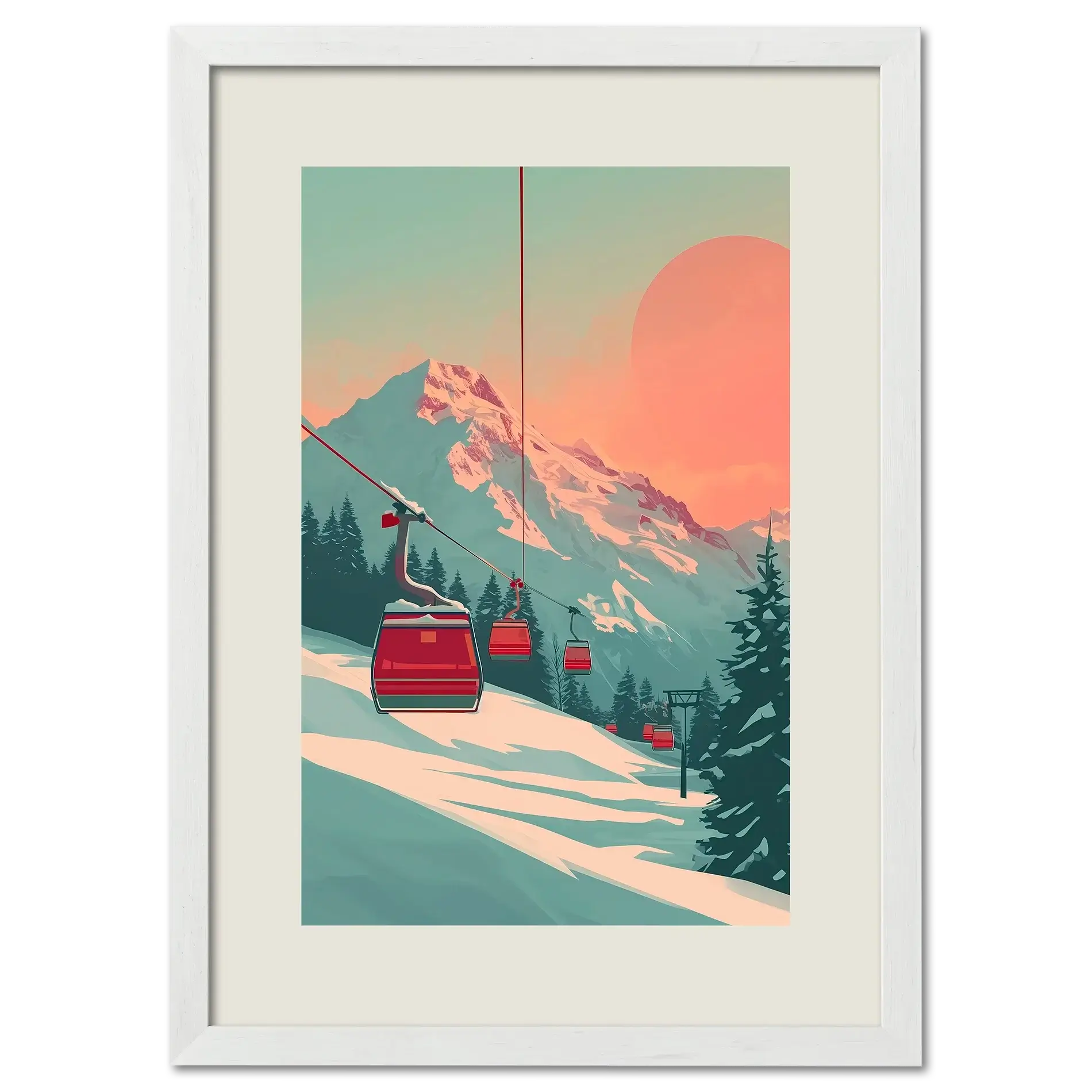 Lift at Dawn - Poster featuring a serene alpine ski lift at sunrise with pastel tones and snowy mountains.