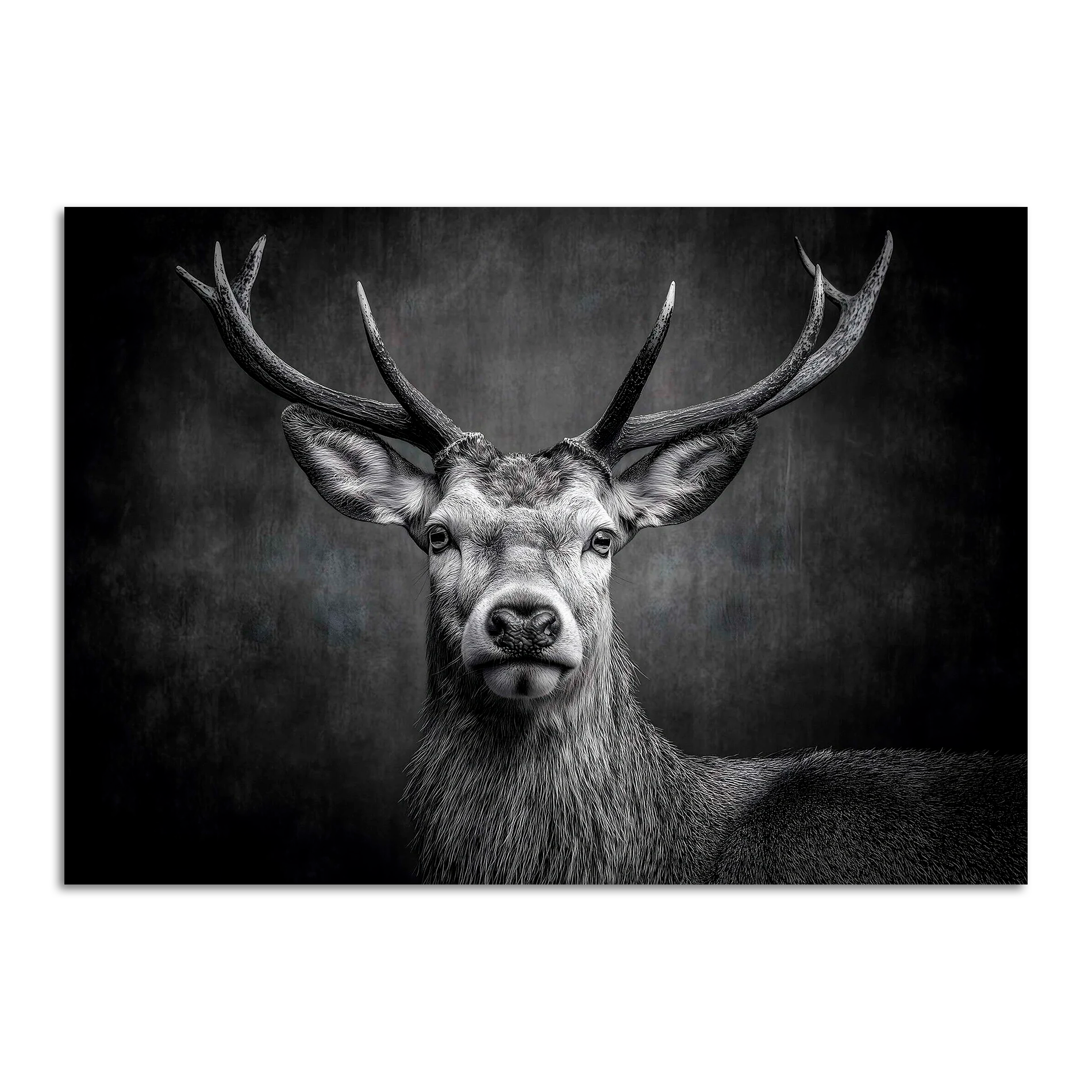 Limited Alpine Animal Posters – 70×100 cm featuring a striking black and white portrait of a majestic stag.