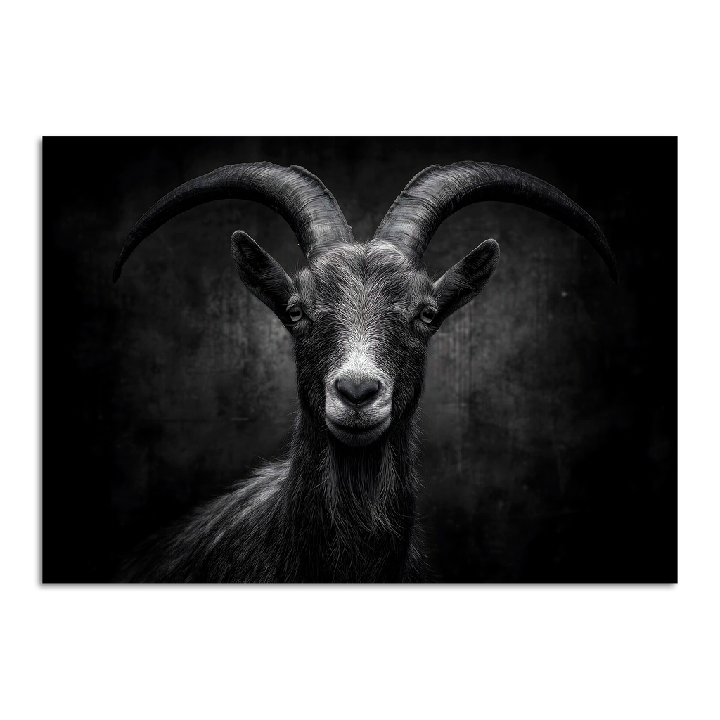 Limited Alpine Animal Posters – 70×100 cm featuring a striking black and white portrait of a goat.