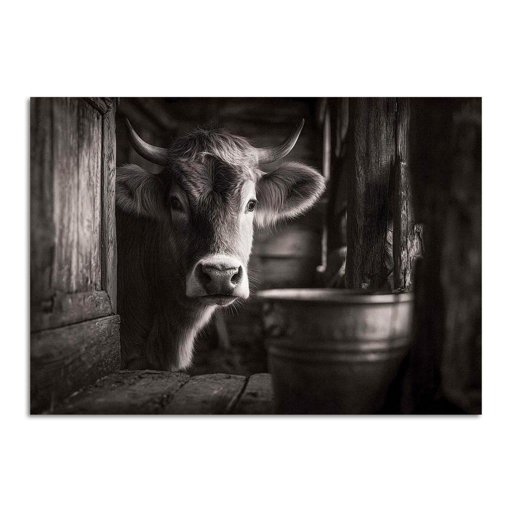 Limited Alpine Animal Posters – 70×100 cm featuring a serene cow in a rustic barn setting.