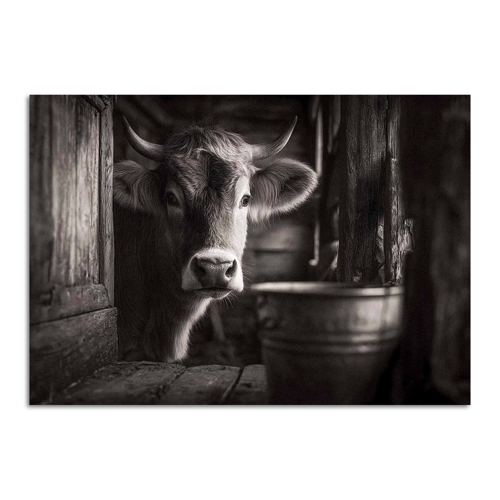 Limited Alpine Animal Posters – 70×100 cm featuring a serene cow in a rustic barn setting.